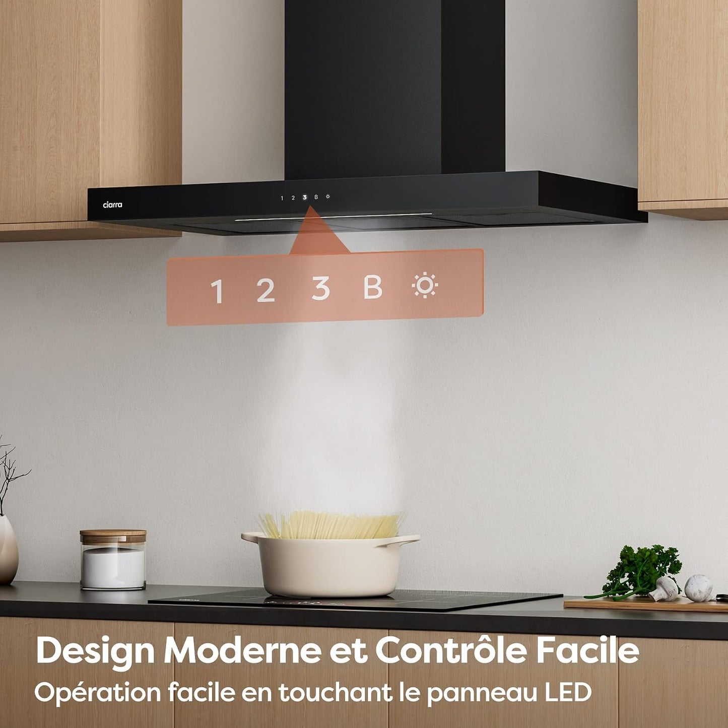 CBCB9102 Hotte Aspirante 90 Cm Classe A+++ 709 M³/H Wifi & APP Noir | Commande Tactile, 4 Vitesses & Boost, Filtre À Charbon CBCF003 Inclus, Recyclage Ou Évacuation, Affichage LED - Hotte Murale.