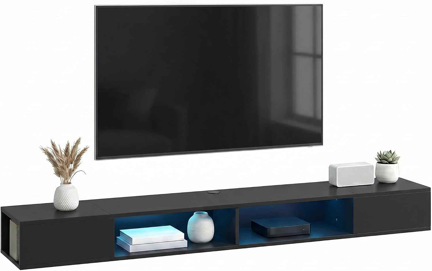 Meuble TV Suspendu 180 Cm Avec LED RGB Pour TV 75 Pouces Noir | Meuble Télé, Étagères Ouvertes, Banc TV Mural Pour Salon
