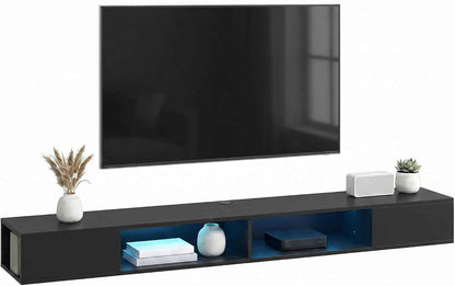 Meuble TV Suspendu 180 Cm Avec LED RGB Pour TV 75 Pouces Noir | Meuble Télé, Étagères Ouvertes, Banc TV Mural Pour Salon