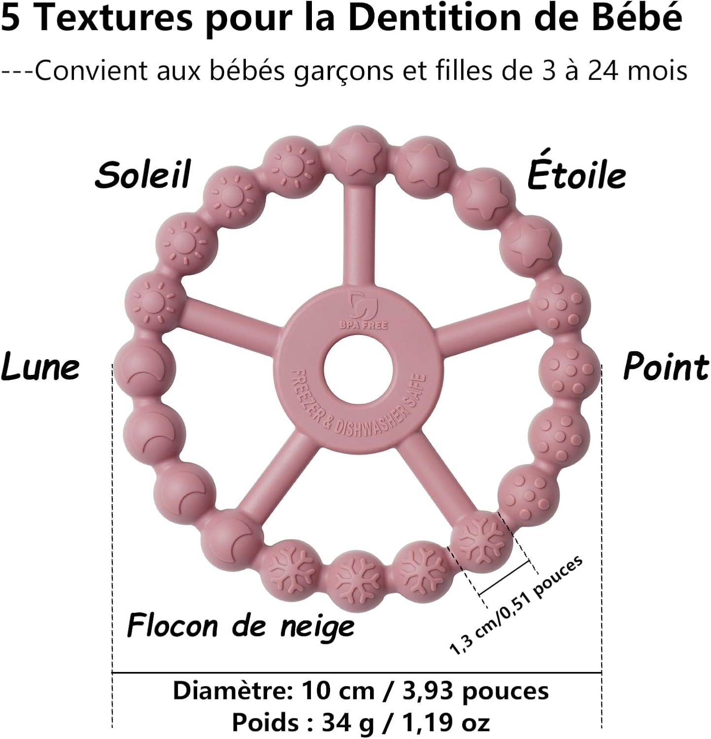 Anneau Dentition Bébé,  3 Paquet Silicone Jouet Dentition Bébé 6-12 Mois, Anneau De Dentition Réfrigérant 12-24 Mois, Facile À Tenir, SANS BPA, Violet Rose Blanc