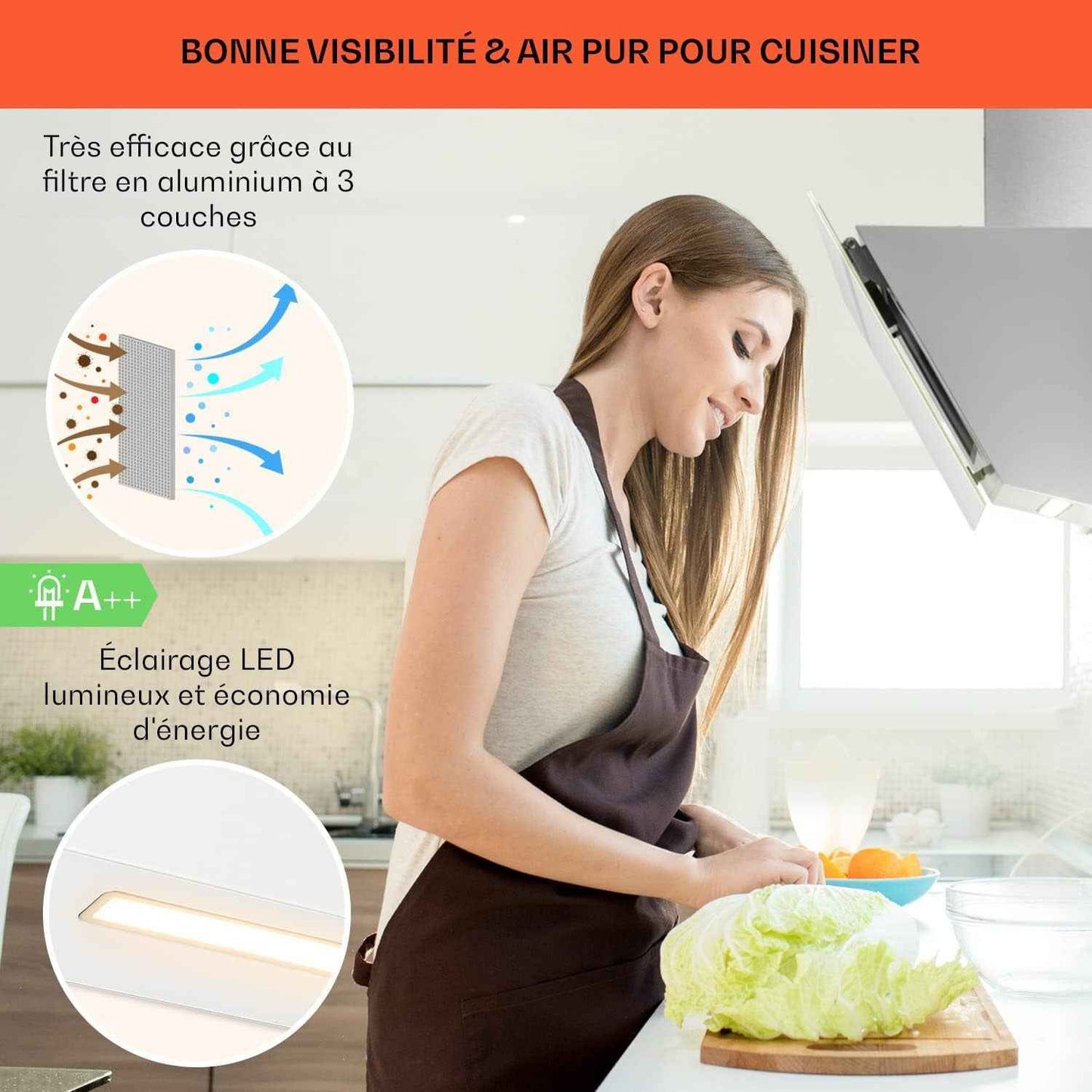 Hotte Aspirante 90Cm, Hottes De Cuisine, Filtre De Hotte À Graisse En Aluminium, Débit D'Air Puissant 514 M³/H Et Silencieux, Eclairage LED, Hottes Aspirantes Dégraissante, Wi-Fi, Class A++