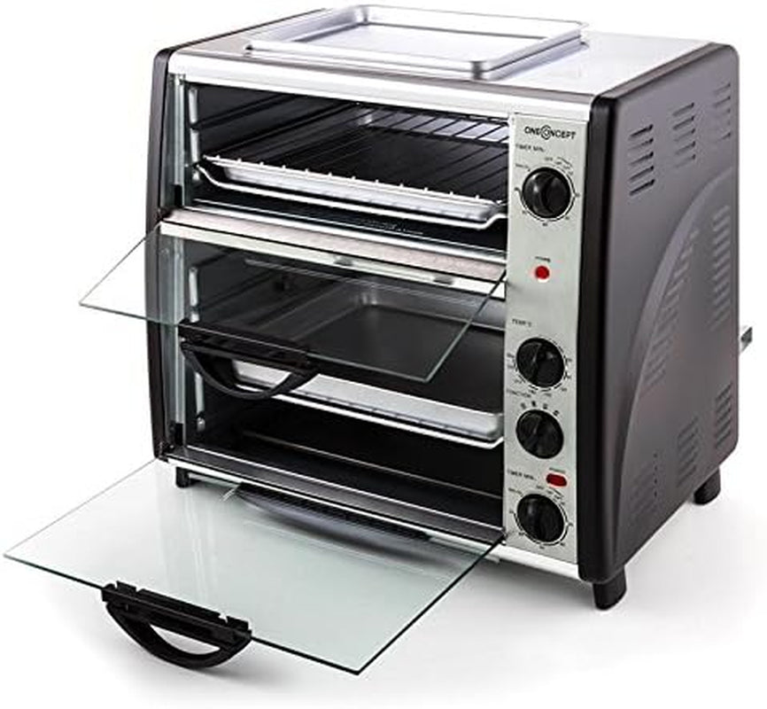 Oneconcept All-You-Can-Eat - Four Grill, Four Électrique, Four Double, 42L Au Total, 2400W, Température Réglable, 60-240°, Timers, 2X Plaques, Fenêtre Large, Broche, Poids 7Kg, Argent