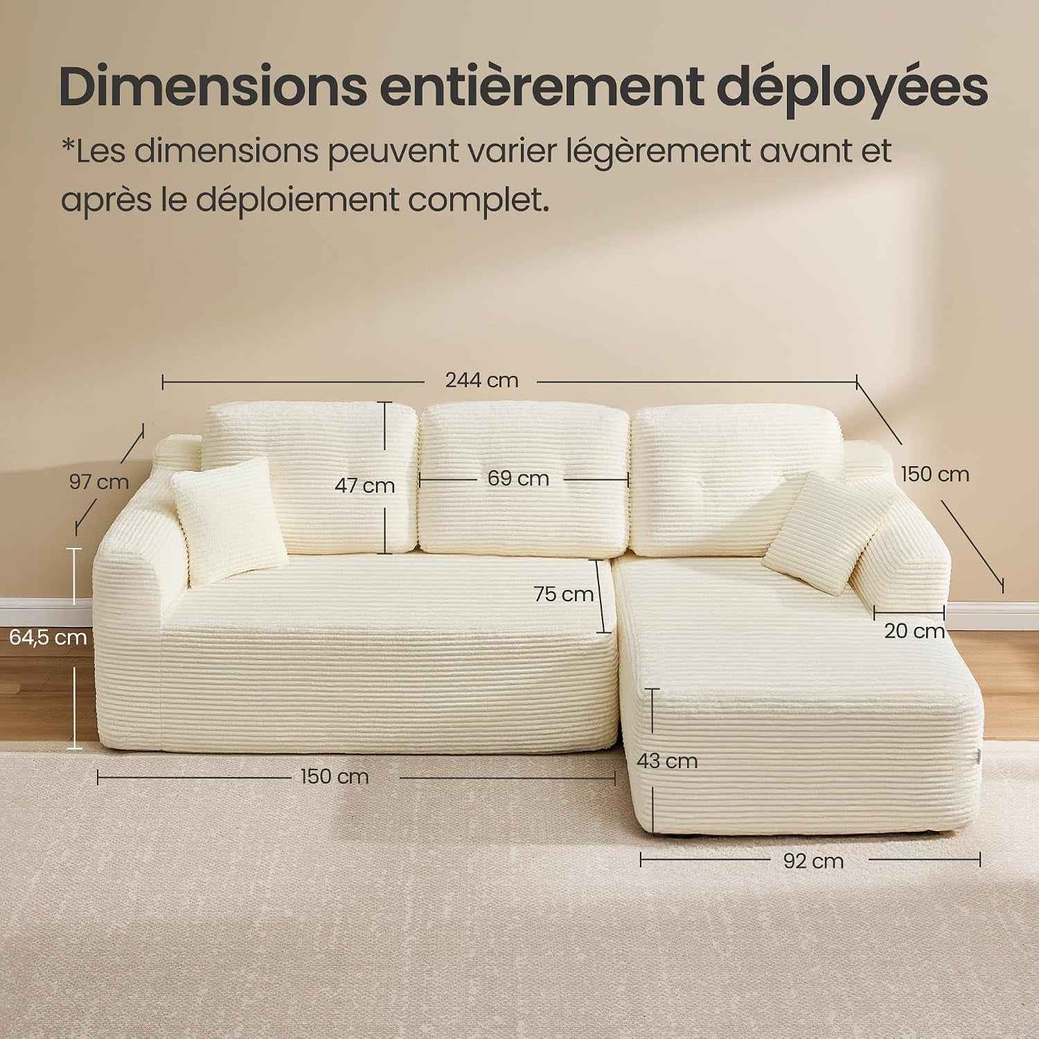 Canapé D’Angle, Canapé Modulable 244 Cm, Livré Compressé En Colis, Sans Montage, Avec Grande Méridienne À Droite, Pour Salon, Chambre D’Amis, Blanc Crème LCS184WD01