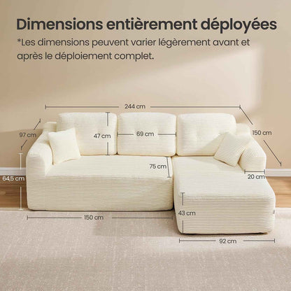 Canapé D’Angle, Canapé Modulable 244 Cm, Livré Compressé En Colis, Sans Montage, Avec Grande Méridienne À Droite, Pour Salon, Chambre D’Amis, Blanc Crème LCS184WD01