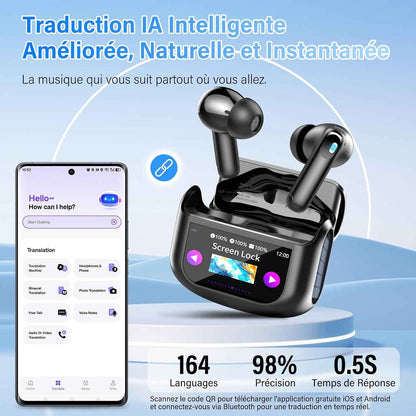 AI Écouteur Traducteur Instantané 164 Langues, ANC/ENC Réduction Du Bruit | 7 Modes De Traduction, Écran Tactile LED, IPX7 Étanche, 48H Autonomie, Casque Musique/Appels/Traducteur
