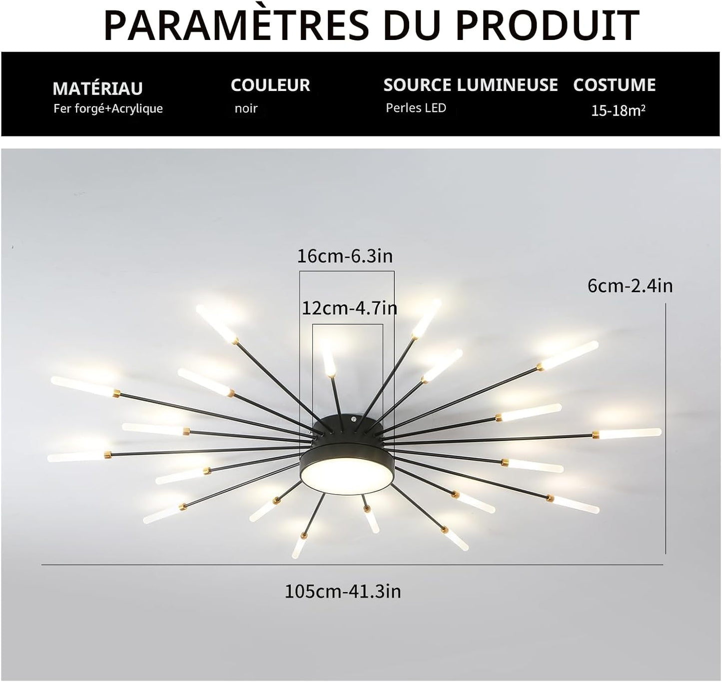 Plafonnier LED Moderne 20 + 1 Têtes Lustres Noirs Semi-Affleurants Éclairage De Plafond Pour Chambre Salon Cuisine Salle À Manger Restaurant