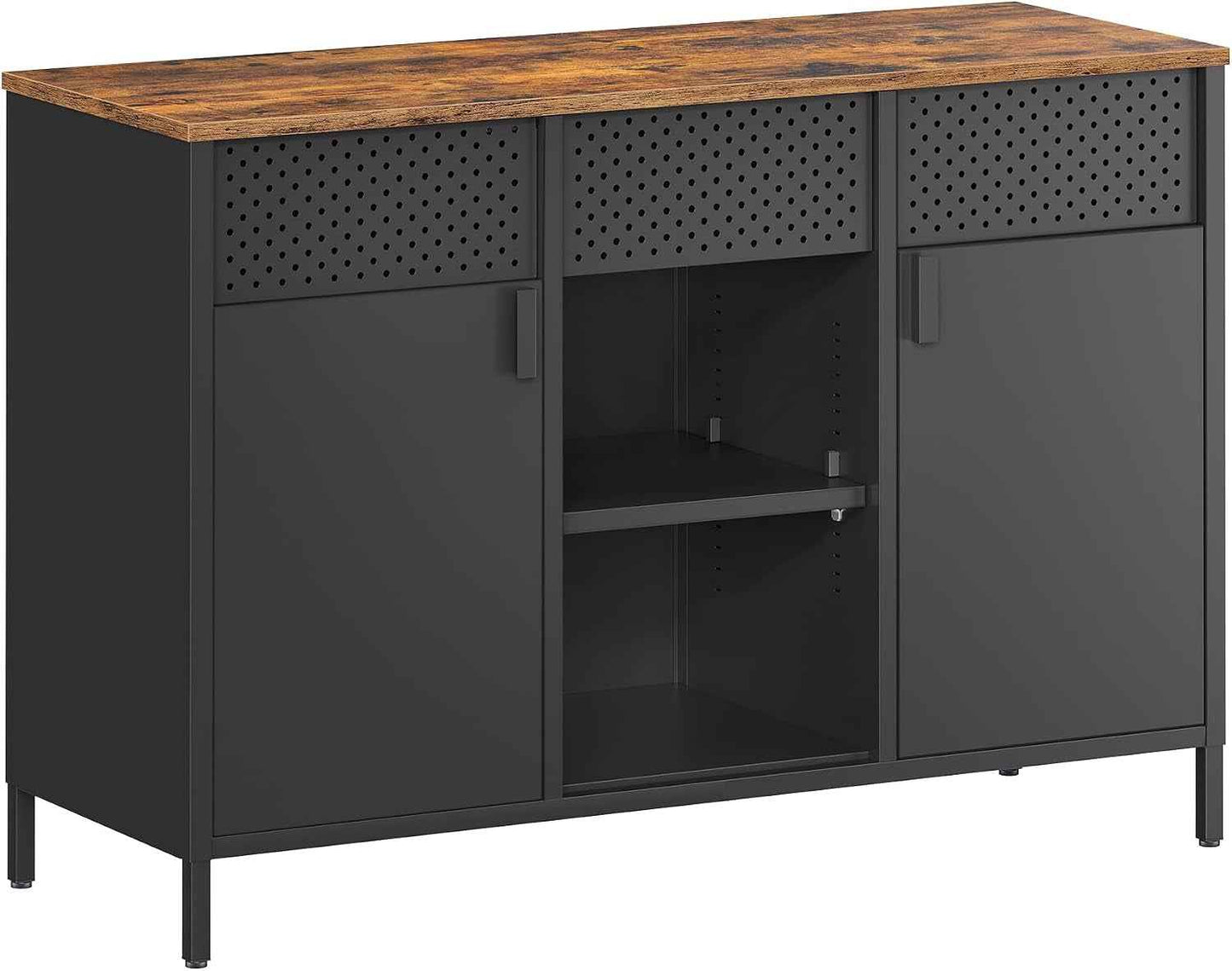 Meuble De Rangement, Buffet, Meuble En Métal, Placard À Double Portes, Fermeture Magnétique, Étagères Réglables, Cadre En Acier, Marron Rustique Et Noir Mat LSC204B01