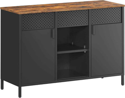 Meuble De Rangement, Buffet, Meuble En Métal, Placard À Double Portes, Fermeture Magnétique, Étagères Réglables, Cadre En Acier, Marron Rustique Et Noir Mat LSC204B01