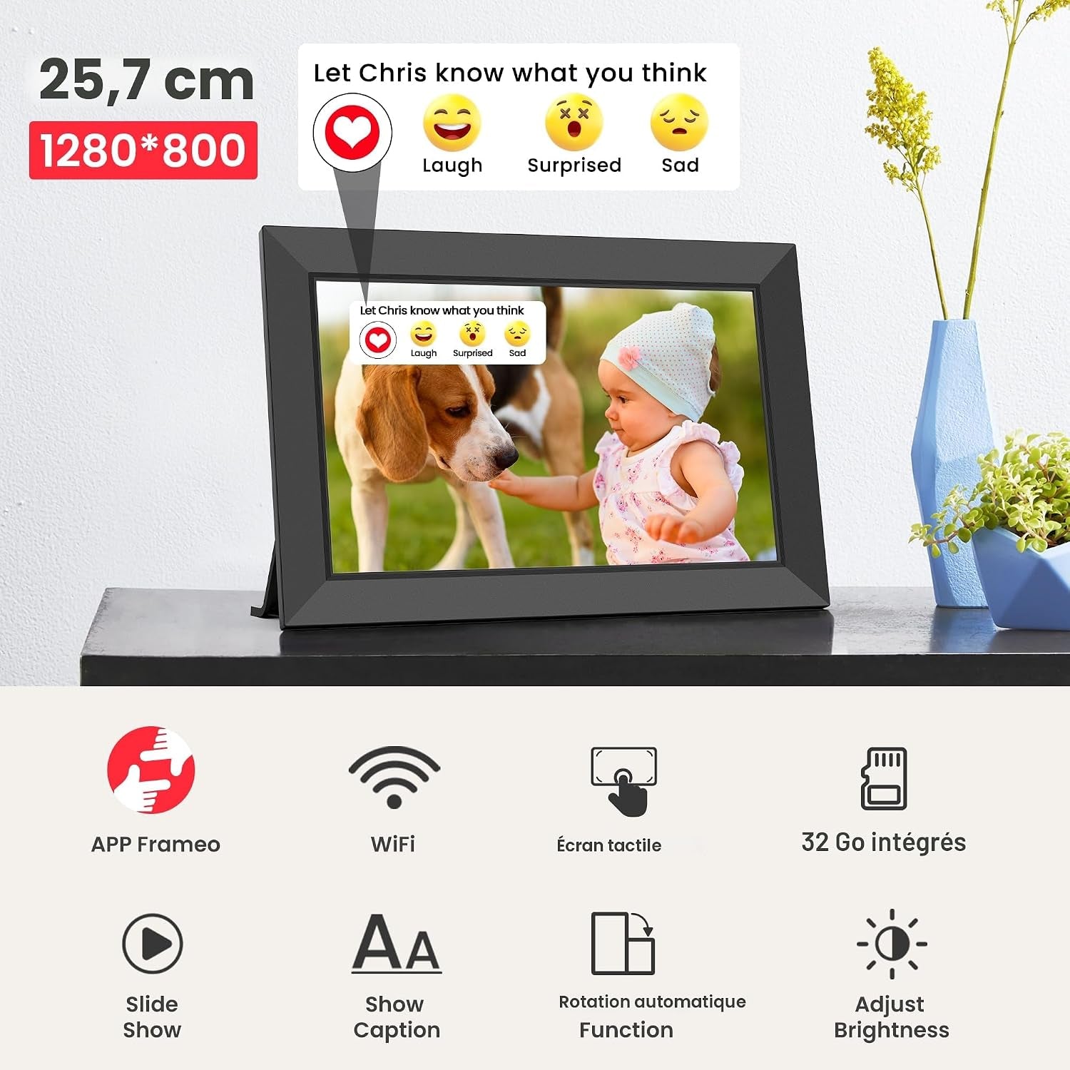 Frameo Cadre Photo Numérique Wifi 10,1 Pouces Avec Mémoire Intégrée De 32 Go, Écran Tactile HD 1280X800 IPS Pour Partager Photos Et Vidéos, Support Multilingue, Rotation Automatique, Montage Mural