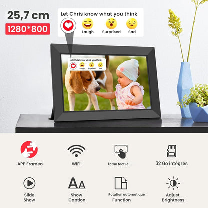 Frameo Cadre Photo Numérique Wifi 10,1 Pouces Avec Mémoire Intégrée De 32 Go, Écran Tactile HD 1280X800 IPS Pour Partager Photos Et Vidéos, Support Multilingue, Rotation Automatique, Montage Mural