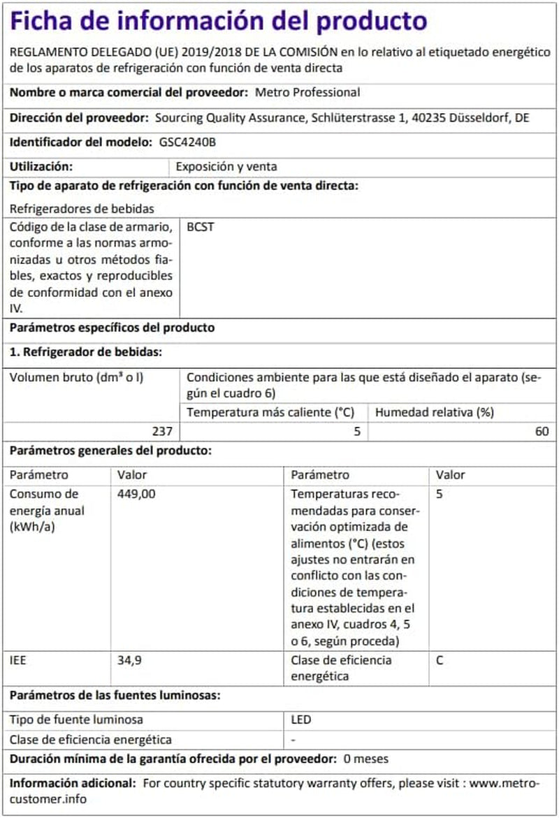 METRO Professional Réfrigérateur À Boissons GSC4240B, 237 L, Refroidissement Statique, 110 W, Noir, Bar, Restauration