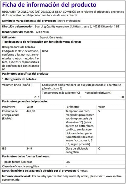 METRO Professional Réfrigérateur À Boissons GSC4240B, 237 L, Refroidissement Statique, 110 W, Noir, Bar, Restauration