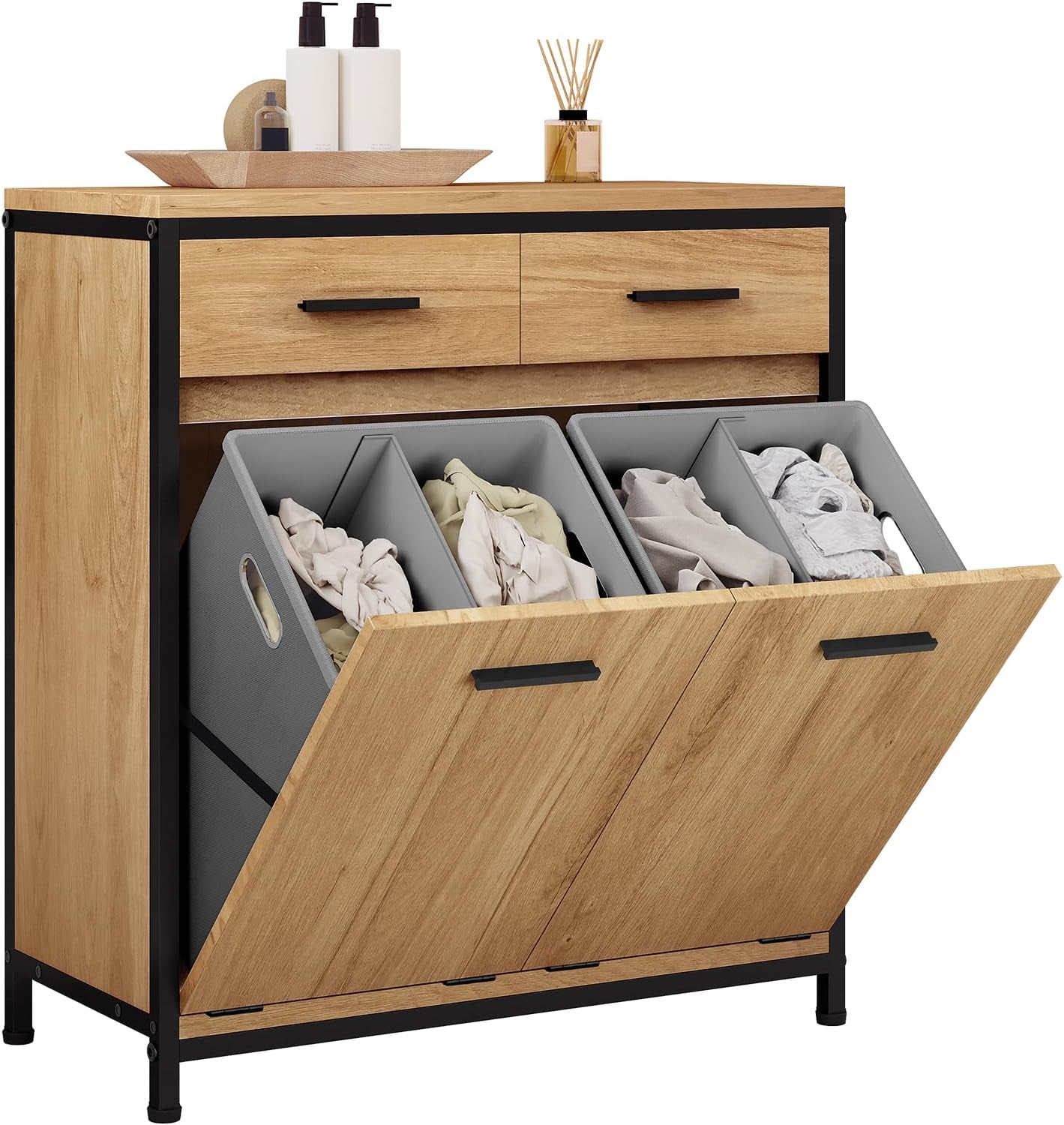 Meuble De Salle De Bain, Placard De Rangement, Avec Sac Intérieur Amovible Avec Poignées, 40 X 78,9 X 80,2 Cm, 2 Tiroirs Et 2 Paniers À Linge, Meuble De Rangement, Chêne Clair + Noir, 0233WY