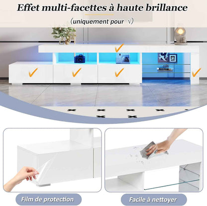 Meuble TV LED 180 Cm, Meuble Tele Avec Rangement, Meuble TV LED Haute Brillance, Pour TV Jusqu'À 75 Pouces, Blanc, 180 X 35 X 45 Cm