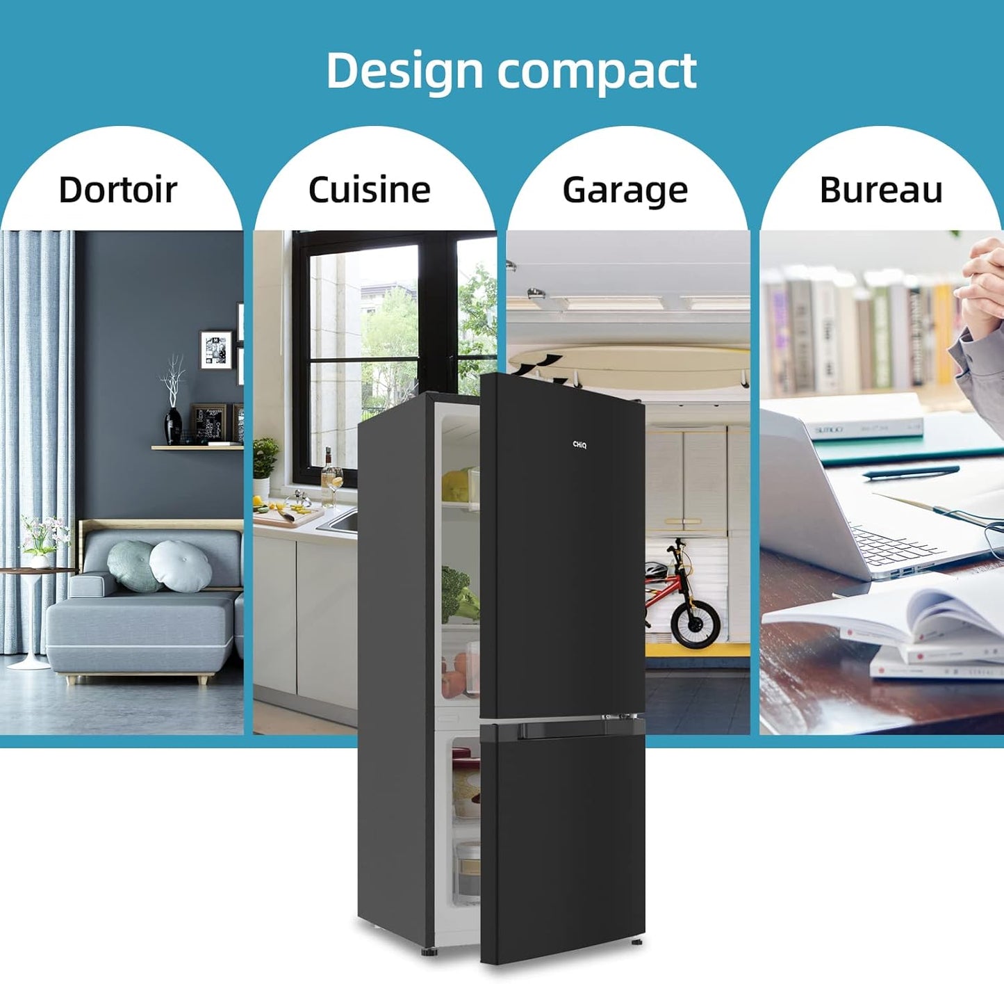 Réfrigérateur Congélateur Bas 117 Litres, 39Db, Commande Électronique, Acier Noir, Rangement De Tri, Dégivrage Manuel Facile