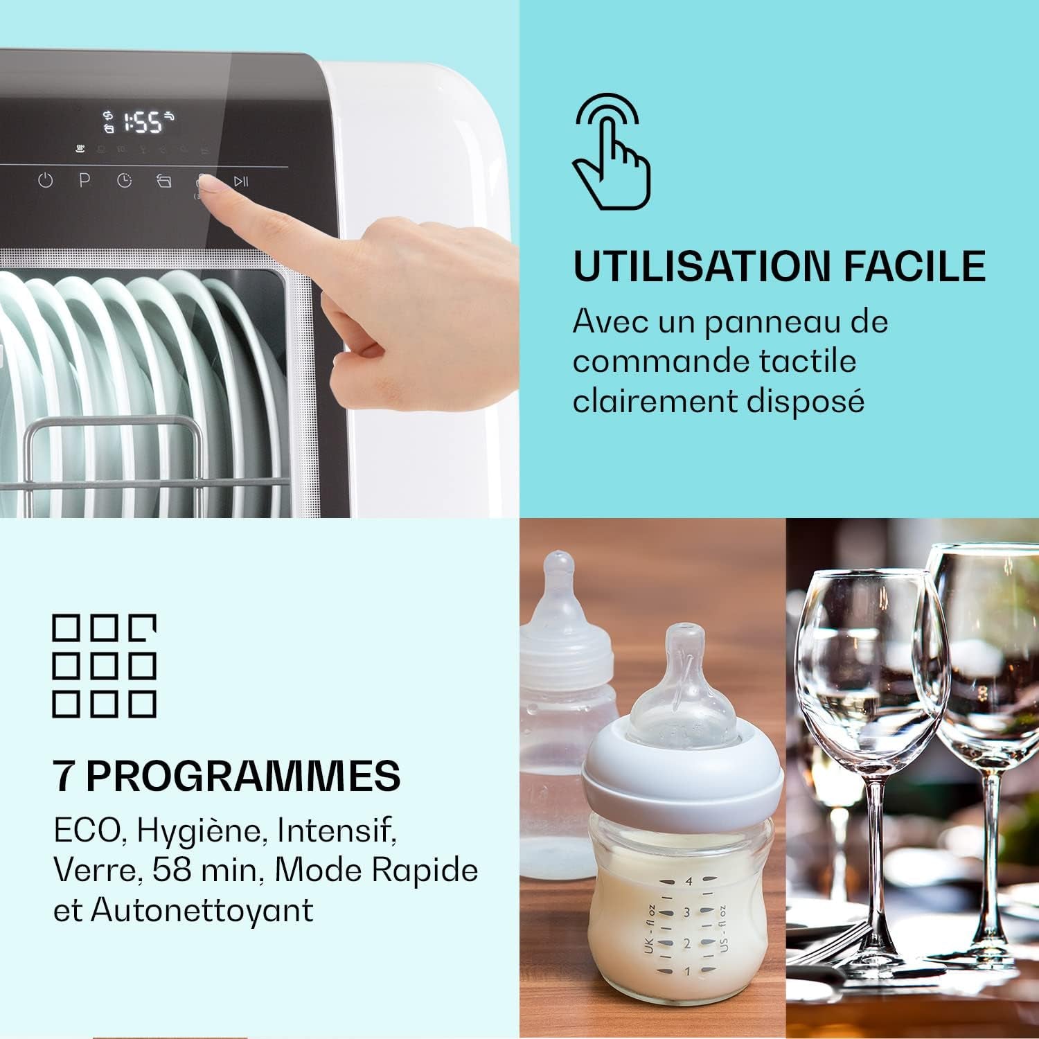 Mini Lave Vaisselle De 3 Couvert, Lave-Vaisselles Silencieux, 7 Programmes De Lavage, Petit Lave-Vaisselle De Table Compact, Lave Vaisselle Portable, Facile À Installer Pour Maison, Bureau