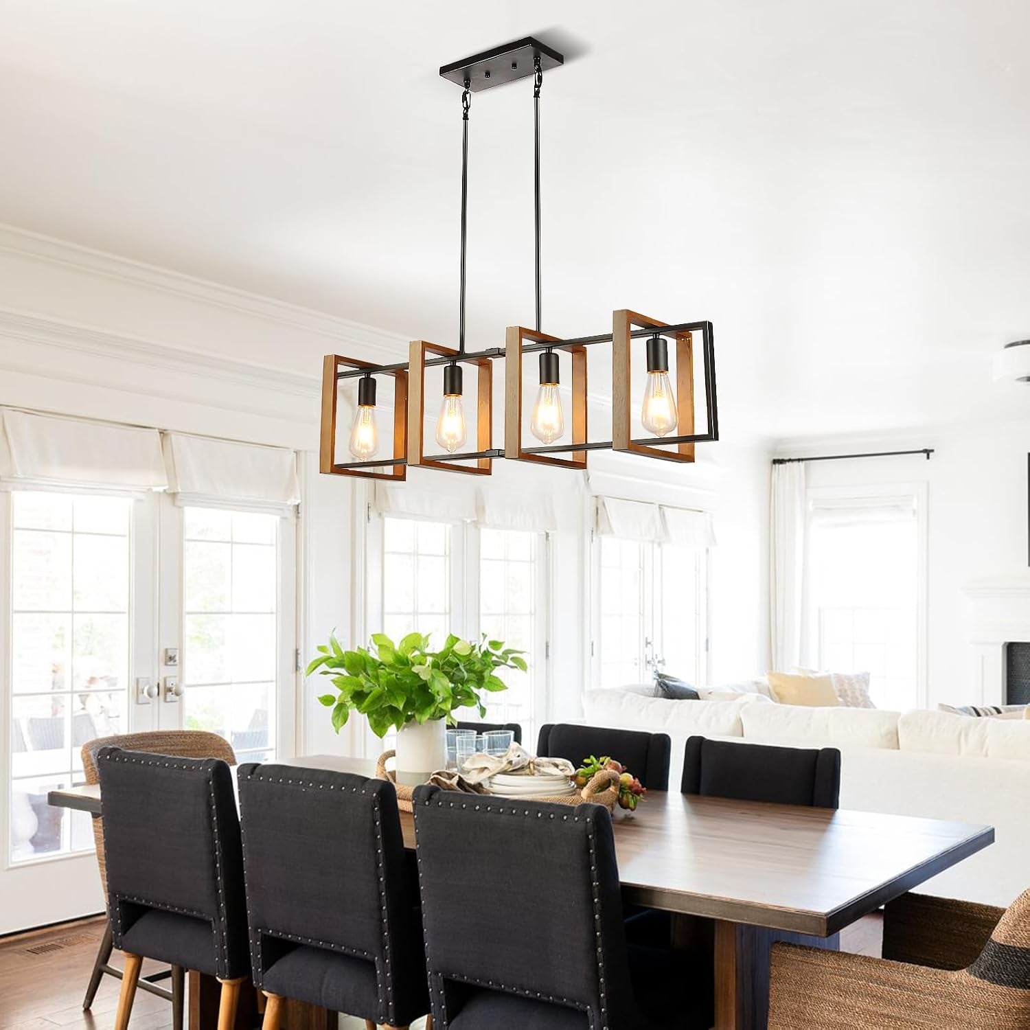 4 Lampes Éclairage De Style Îlot De Cuisine À Lumière Noire, Lampe De Table De Piscine En Bois Et En Métal Plafonnier Plafonnier, Lampe De Chambre À Coucher Réglable En Hauteur Plafond, Lustres