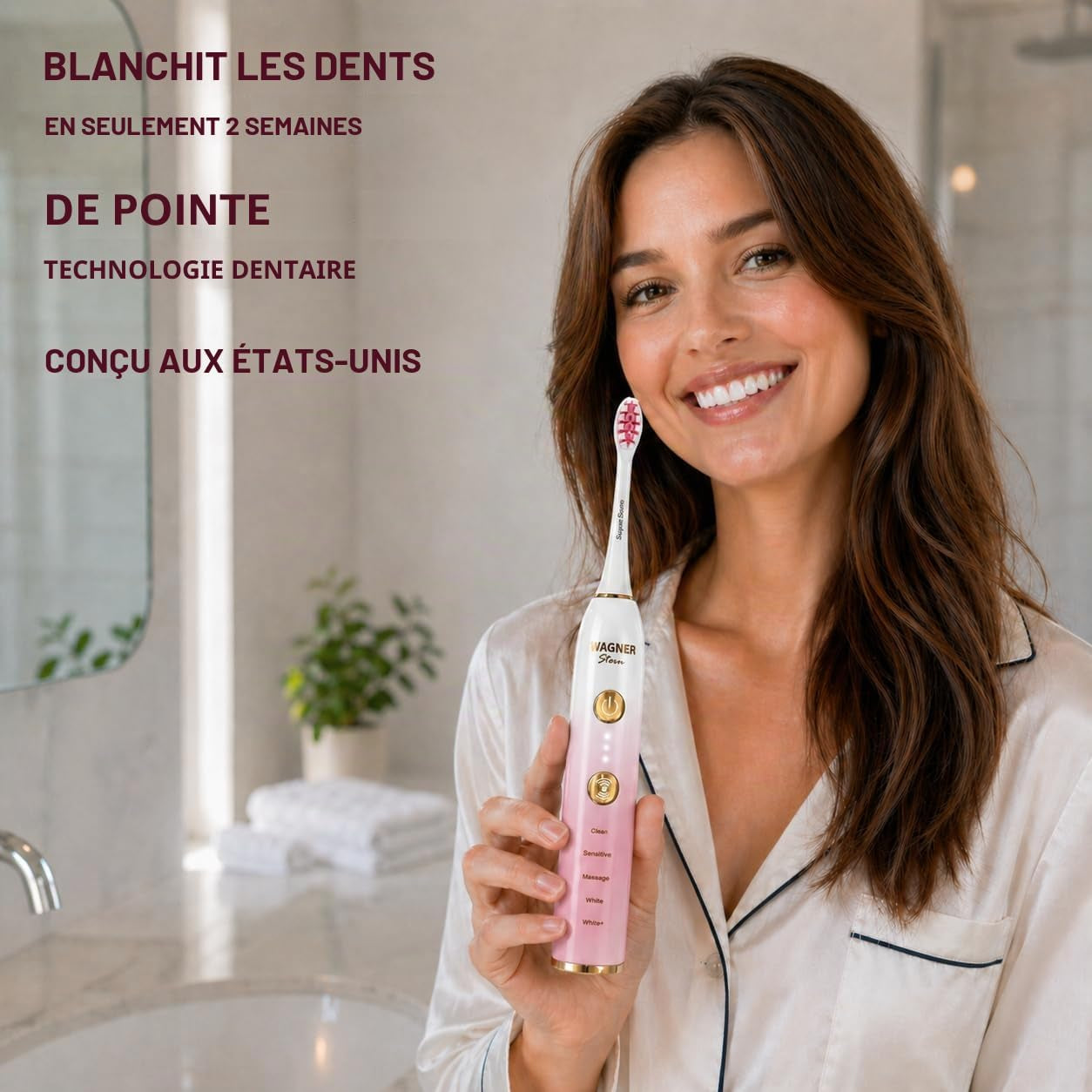 WHITEN+ – Brosse À Dents Électrique Avec Capteur De Pression, 5 Modes, 3 Intensités, 8 Têtes Souples, Moteur Puissant, Étui De Voyage Luxe Inclus (Pivoine)