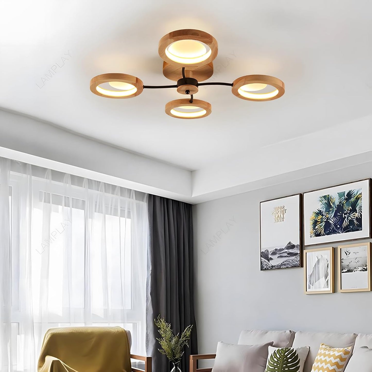 Plafonnier LED Moderne, Lustre Ø74Cm Dimmable Avec Télécommande 3000K-6000K, Bras Noir + 4 Anneaux En Bois, Abat-Jour Cercle En Métal, Salon Chambre Salle À Manger Bureau
