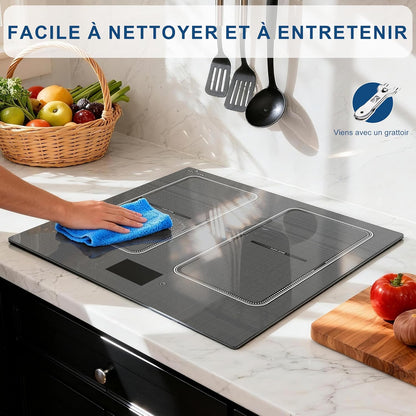 Plaque À Induction 4 Feux, Écran Tactile TFT, Table De Cuisson À Induction Encastrable 60CM, 2 Zones Flexibles, Fonctions Préréglées, Panneau De Commande Intelligent Monobloc, 7200W, 220V