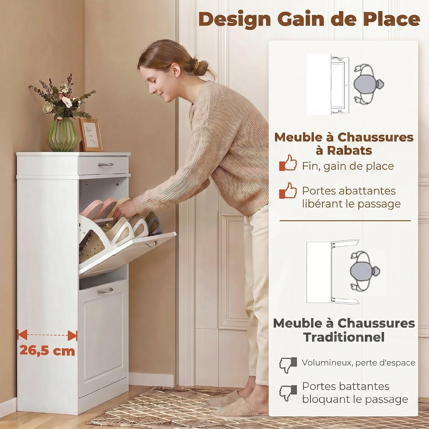 Meuble Chaussure 8 Paires Étroit, Tiroir 53 X 26,5 X 89 Cm Blanc | Armoire À Chaussures, 2 Portes Abattants, Étagère Réglable, Meuble D'Entrée Et Couloir