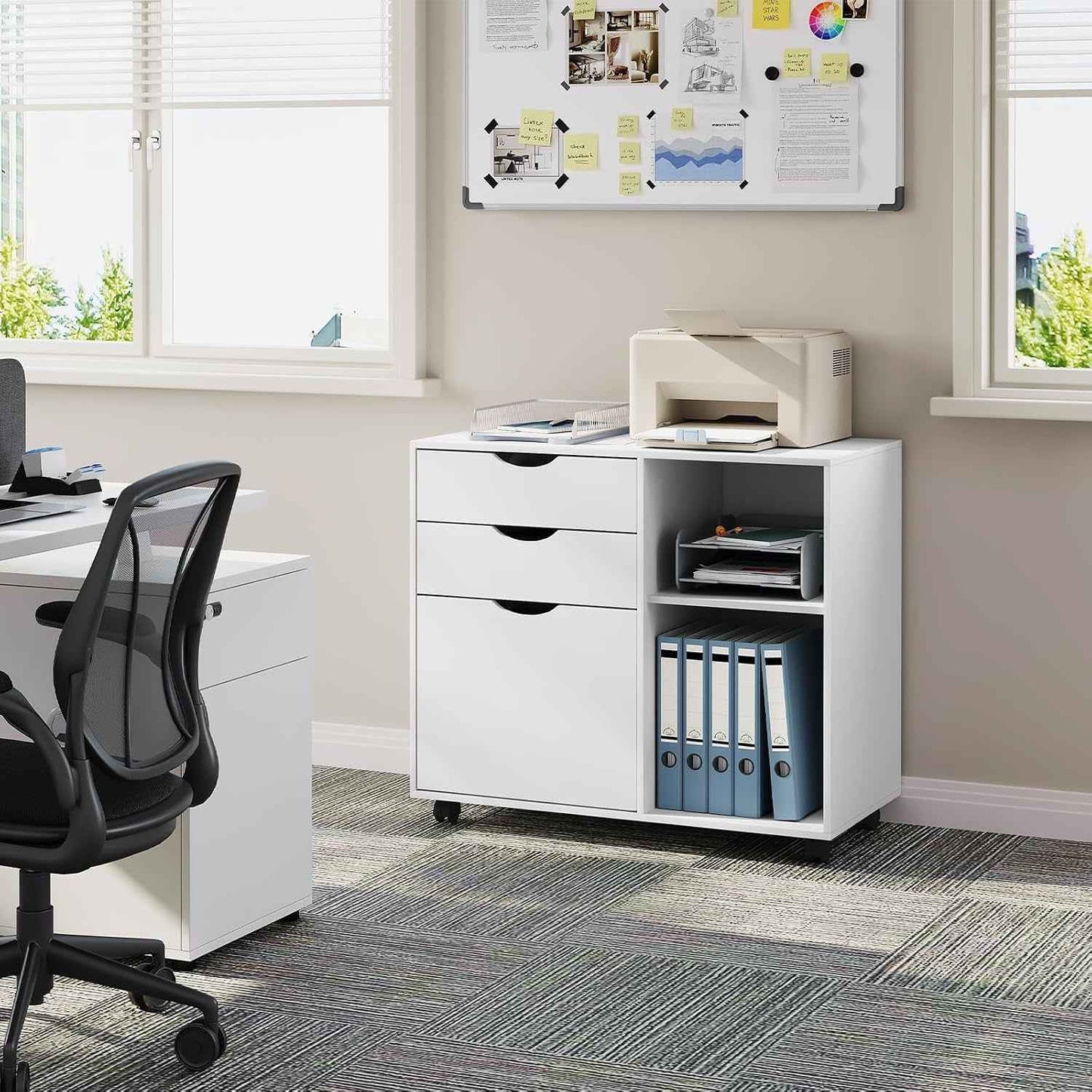 Caisson De Bureau Sur Roulettes, 80X39,5X69,5 Cm,Blanc | Avec 3 Tiroirs Et 2 Compartiments Ouverts, Armoire À Dossiers, Meuble De Rangement, Pour Bureau, Chambre