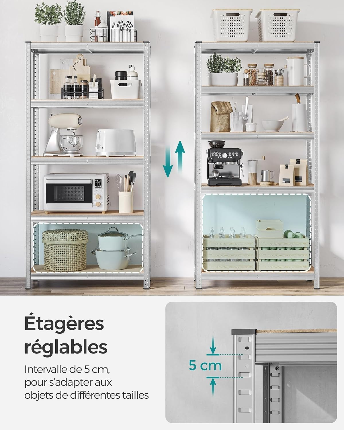 Lot De 2, Étagère De Rangement À 5 Niveaux, 40 X 90 X 180 Cm, Capacité 875 Kg, Planches Réglables, Style Industriel, Pour Cuisine, Salon, Argent GLR040E02