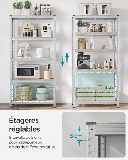 Lot De 2, Étagère De Rangement À 5 Niveaux, 40 X 90 X 180 Cm, Capacité 875 Kg, Planches Réglables, Style Industriel, Pour Cuisine, Salon, Argent GLR040E02