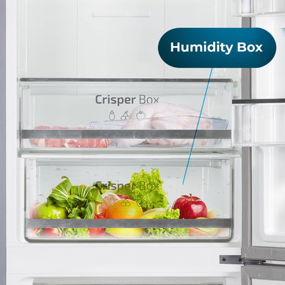 Réfrigérateur 256 L Bolero Coolmarket Combi 356 Glass Grey D, Classe D, Économie D'Énergie, Mode Vacances, Multi Airflow, No Frost Total, Humidity Box Et Crisper Box.