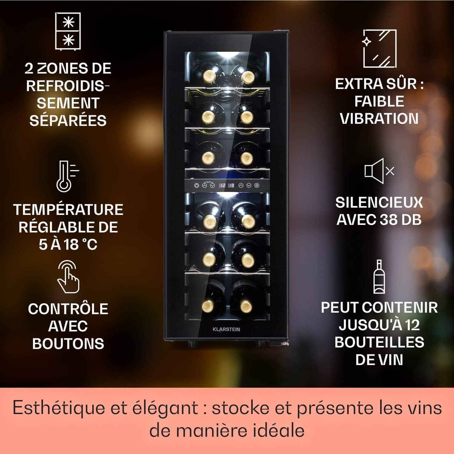 Shiraz Cave À Vin Blanc – 12 Bouteilles, 42 L, 2 Zone | Réfrigérateur À Vin Pose Libre, Porte Vitrée, Silencieux, 5–18 °C, LED, Cadre Inox