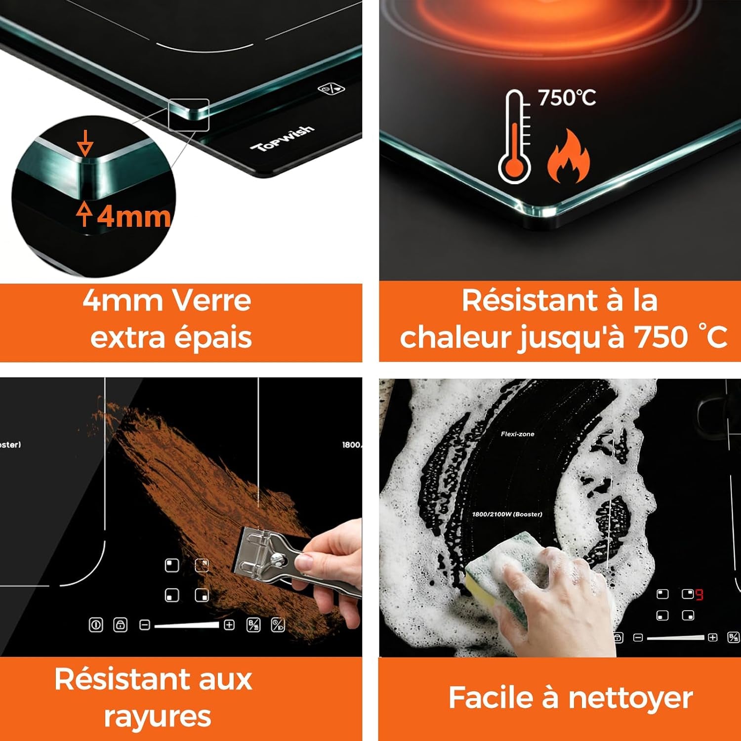 Plaque Induction 4 Feux, Avec Deux Zones Flexibles, 7200W | Plaque De Cuisson Induction 4 Zones, Avec Booster, 9 Niveaux, Sécurité Enfant,Arrêt Automatique, Maintien Au Chaud, BBQ, 60Cm