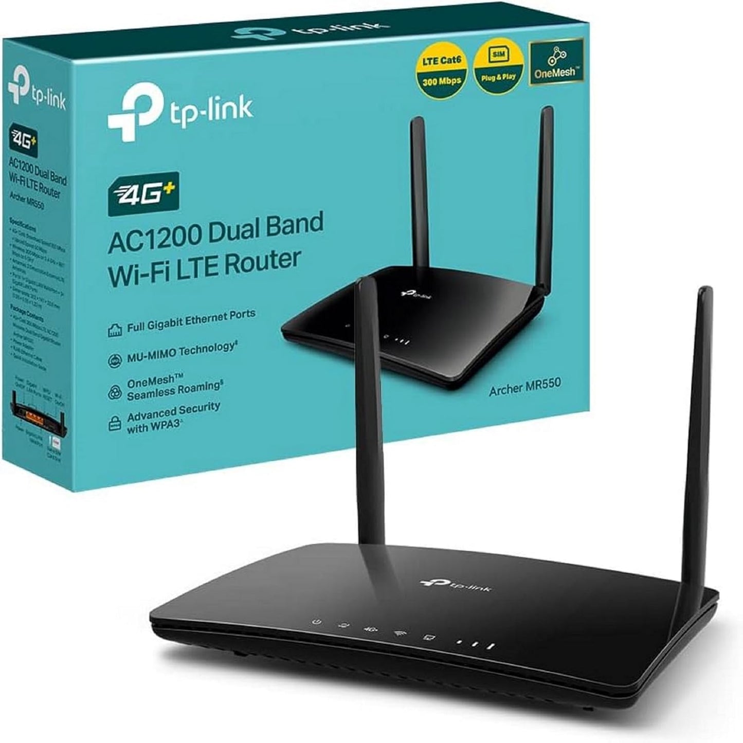 Routeur Archer MR550 4G+ Cat6 Jusqu'À 300 Mbps, Wi-Fi AC1200 Bi Bande, Port Gigabit LAN/WAN, MU-MIMO, Comptabilte Avec Toutes Nano SIM, Jusqu'À 64 Appareils,  Onemesh