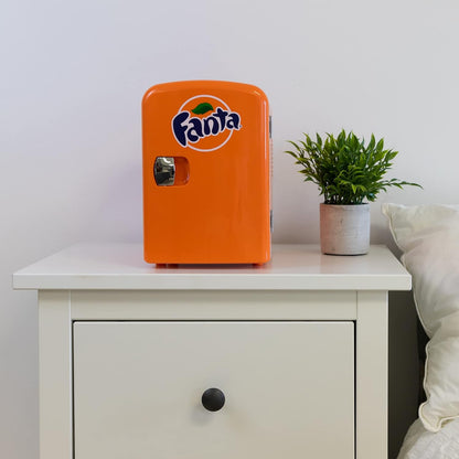 Coca Cola Fanta Portable 6 Can Thermoelectric Mini Fridge Cooler/Warmer, 4 L/4.2 Quarts Capacity, 12V DC/110V AC Plugs Included Great for Home, Car, Skincare, Cosmetics, Medication