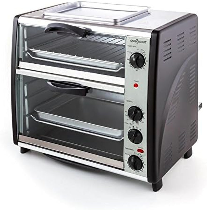 Oneconcept All-You-Can-Eat - Four Grill, Four Électrique, Four Double, 42L Au Total, 2400W, Température Réglable, 60-240°, Timers, 2X Plaques, Fenêtre Large, Broche, Poids 7Kg, Argent