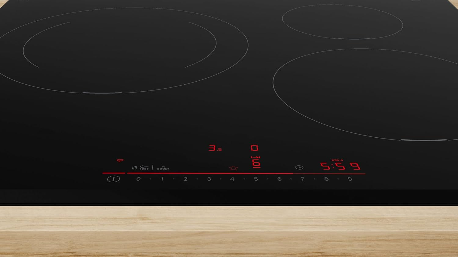 Bosch PIJ631HB1E Série 6 - Plaque Induction, Zone De Cuisson De 28 Cm | 60 Cm, Noir, 3 Foyers, Home Connect, Timer Avec Fonction Arrêt, 17 Niveaux De Réglage De La Puissance