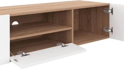 - Meuble TV 140 Cm ELI Bois Façon Hêtre Portes Blanches