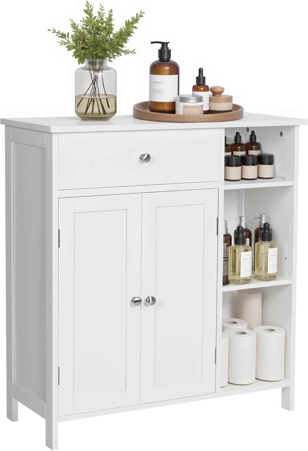 Meuble De Salle De Bain, Meuble De Rangement Avec 2 Portes, Armoire De Salle De Bain Avec Tiroir, 3 Compartiments Ouverts, Étagères Réglables, 75 X 30 X 80 Cm, Blanc Nuage BBC142W01