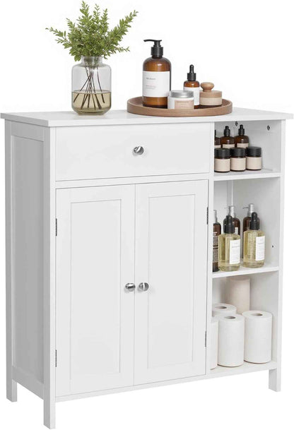 Meuble De Salle De Bain, Meuble De Rangement Avec 2 Portes, Armoire De Salle De Bain Avec Tiroir, 3 Compartiments Ouverts, Étagères Réglables, 75 X 30 X 80 Cm, Blanc Nuage BBC142W01