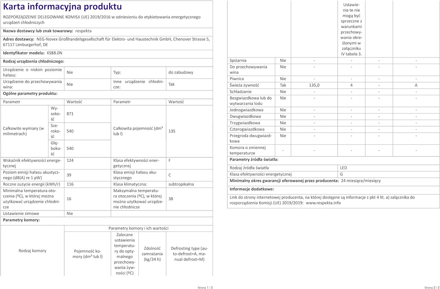 Respekta Réfrigérateur Encastrable Sans Congélateur 88 Cm / Capacité 134 L / Charnières De Porte Interchangeables / Décongélation Automatique / Max. 38 Db / KS88.0 / Blanc