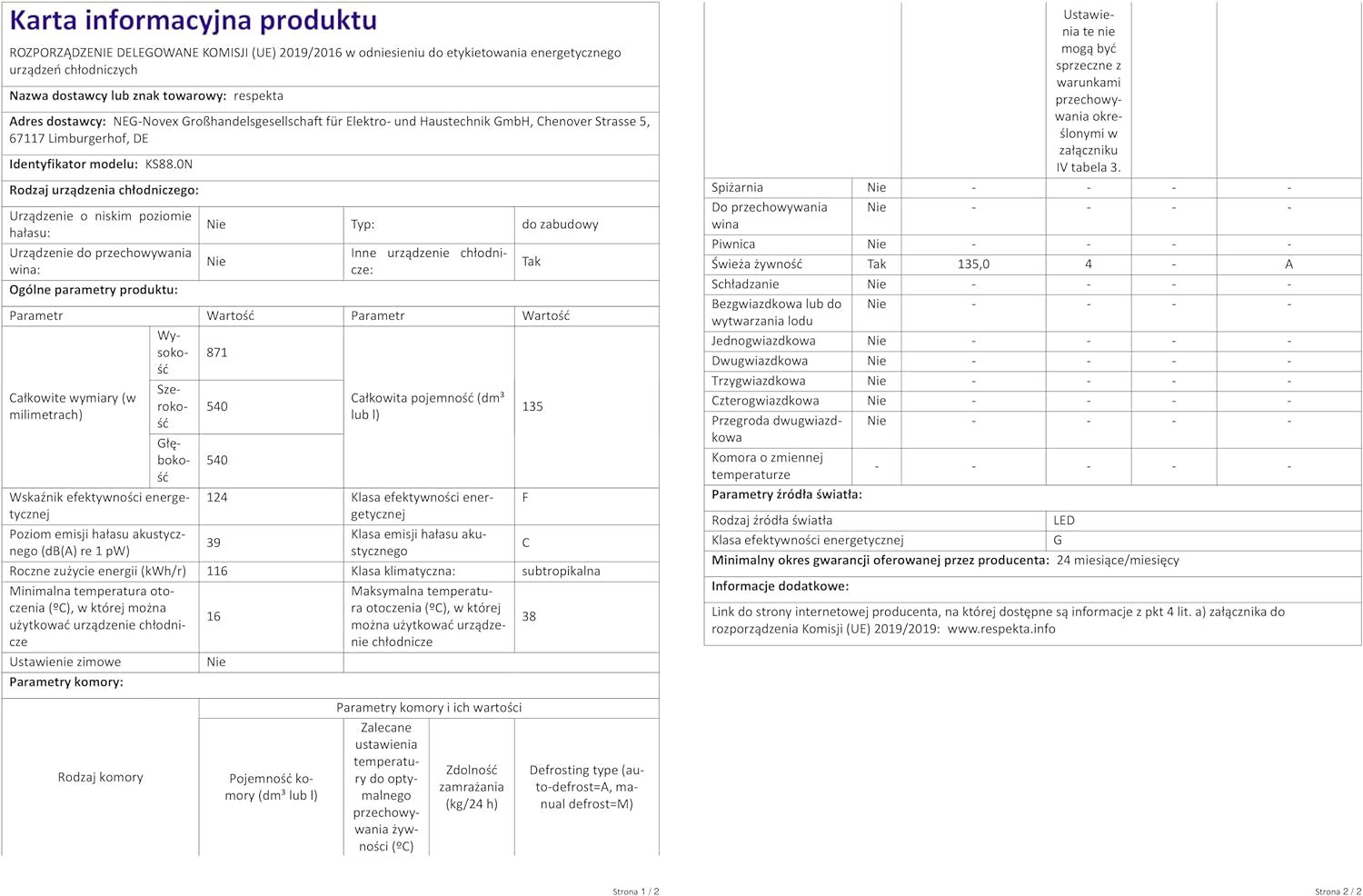 Respekta Réfrigérateur Encastrable Sans Congélateur 88 Cm / Capacité 134 L / Charnières De Porte Interchangeables / Décongélation Automatique / Max. 38 Db / KS88.0 / Blanc