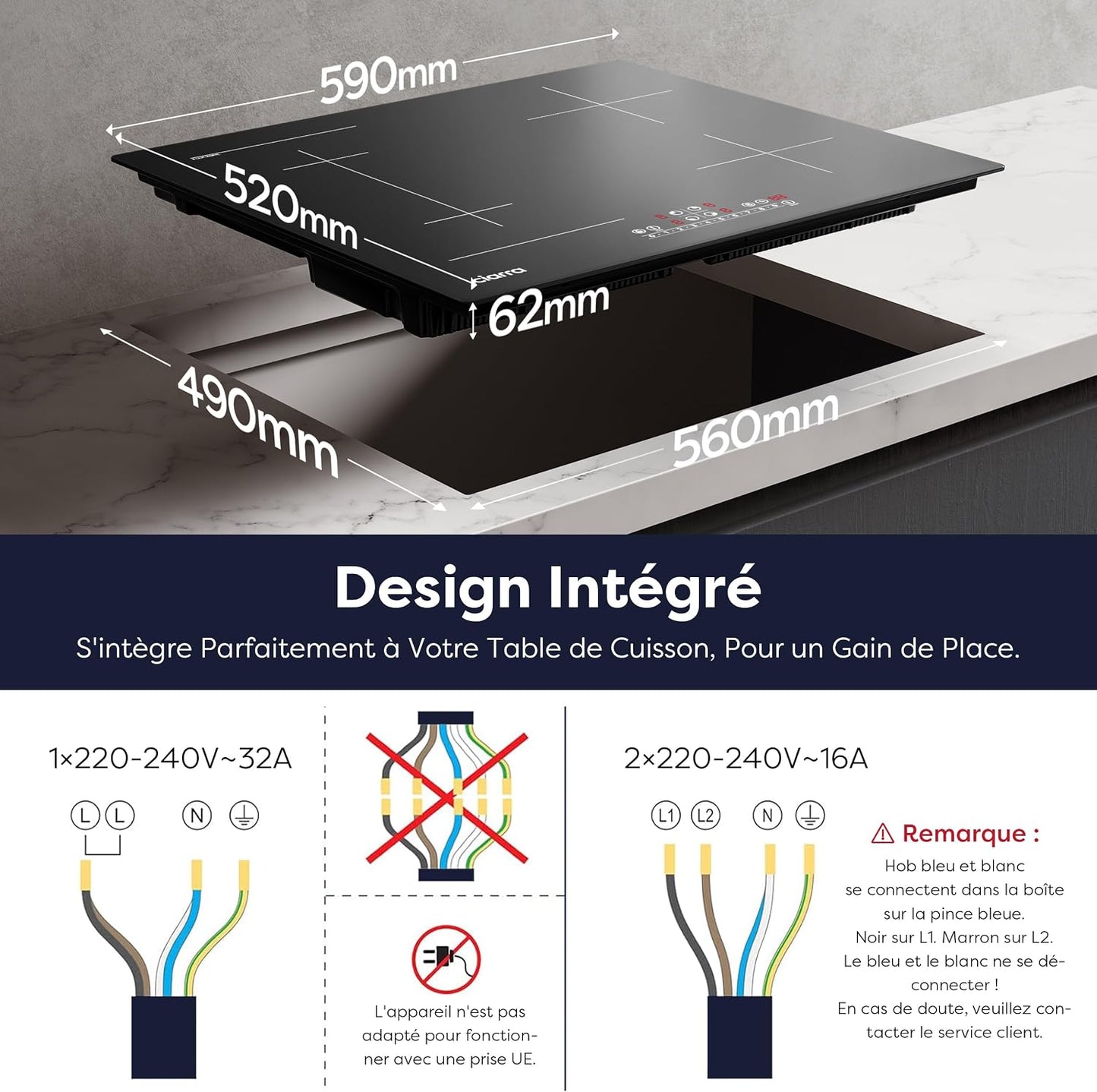 Plaque Induction 4 Feux Encastrable 60 Cm 7200W Avec Zone Flexible | Booster, Gestion De Puissance, Commande Tactile Slider, Minuterie, Sécurité Enfant, Grande Poêle Et Plancha, CBBIH4BF