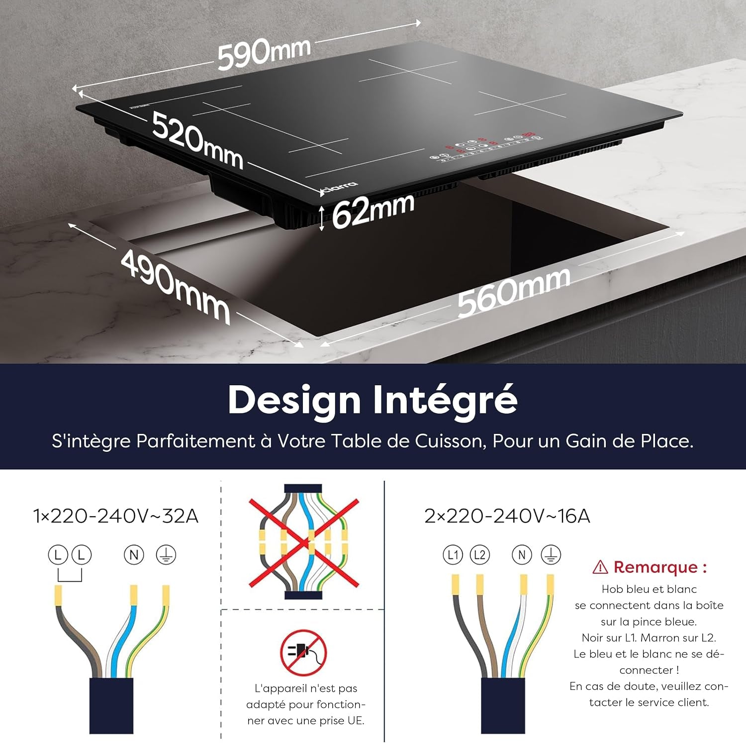 Plaque Induction 4 Feux Encastrable 60 Cm 7200W Avec Zone Flexible | Booster, Gestion De Puissance, Commande Tactile Slider, Minuterie, Sécurité Enfant, Grande Poêle Et Plancha, CBBIH4BF