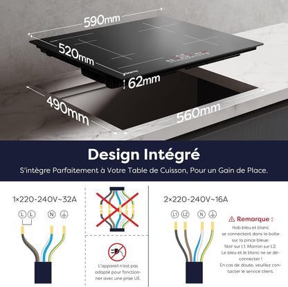 Plaque Induction 4 Feux Encastrable 60 Cm 7200W Avec Zone Flexible | Booster, Gestion De Puissance, Commande Tactile Slider, Minuterie, Sécurité Enfant, Grande Poêle Et Plancha, CBBIH4BF