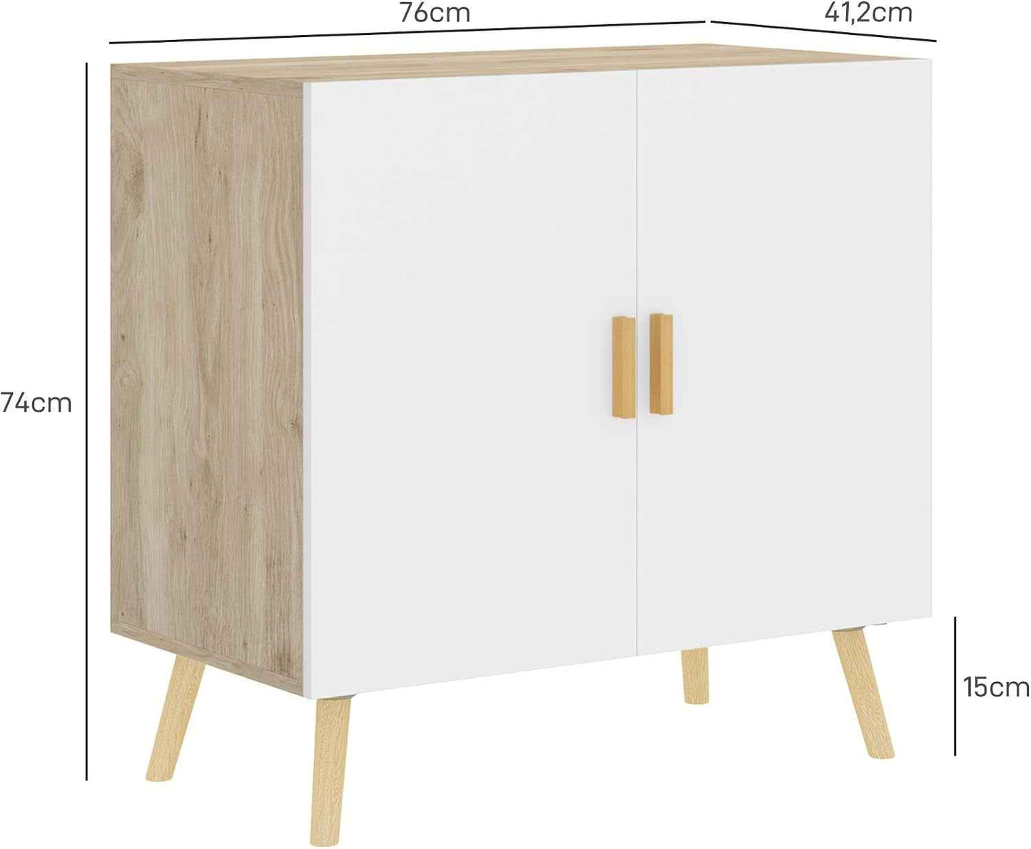 Buffet, Meuble De Rangement, Avec Poignées En Bambou, Étagère Ajustable, Base Surélevée, Pour Salon Cuisine Salle À Manger, 76 X 41,2 X 74 Cm Blanc Et Bois Naturel