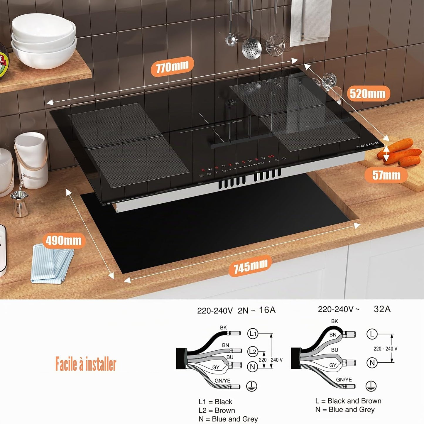 Plaque Induction Avec Flexizone, Plaque De Cuisson Electrique 5 Feux | Boost, Verrouillage Enfant, Pause Et Minuterie, 9 Niveaux De Puissance, Encastrable, 77 CM, 7200W, 220-240V, Sans Prise