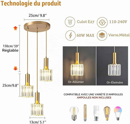 Suspension Dorée En Cristal K9 Moderne, Lampe Suspendue En Verre Brillant, Hauteur Réglable E27, Plafonnier Élégant Pour Salle À Manger, Cuisine, Chambre Et Bar(3-Lumières)