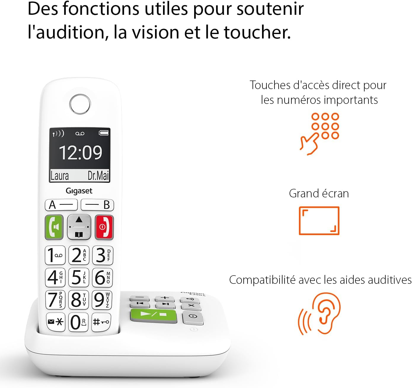 E290A Duo - Téléphone Fixe Sans Fil Blanc Avec Répondeur Intégré, 2 Combinés Avec Grand Écran Rétroéclairé, Larges Touches, Fonction Blocage D'Appels [Version Française] | DECT, Touches Rapides, Fonction D’Écoute Amplifiée, [Version Française], Fabriqué En Allemagne