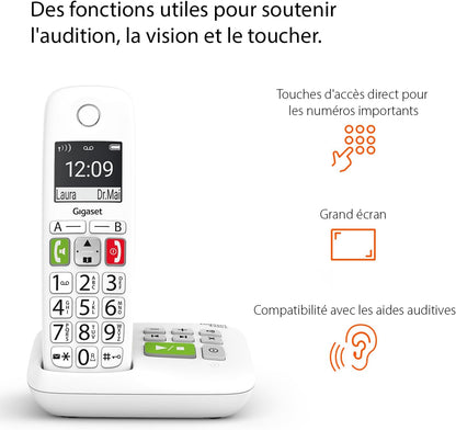 E290A Duo - Téléphone Fixe Sans Fil Blanc Avec Répondeur Intégré, 2 Combinés Avec Grand Écran Rétroéclairé, Larges Touches, Fonction Blocage D'Appels [Version Française] | DECT, Touches Rapides, Fonction D’Écoute Amplifiée, [Version Française], Fabriqué En Allemagne