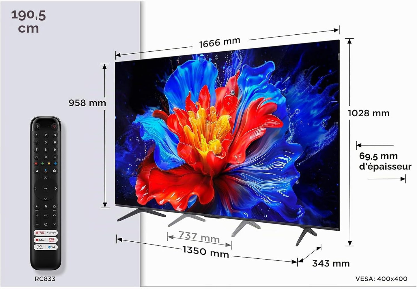 TCL 75P8K - TV QLED 75 (190 Cm) - 4K UHD 3840X2160-144 Hz - Dolby Vision - Google TV - 4Xhdmi 2.1 - Wifi