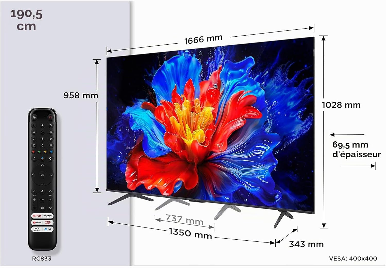 TCL 75P8K - TV QLED 75 (190 Cm) - 4K UHD 3840X2160-144 Hz - Dolby Vision - Google TV - 4Xhdmi 2.1 - Wifi
